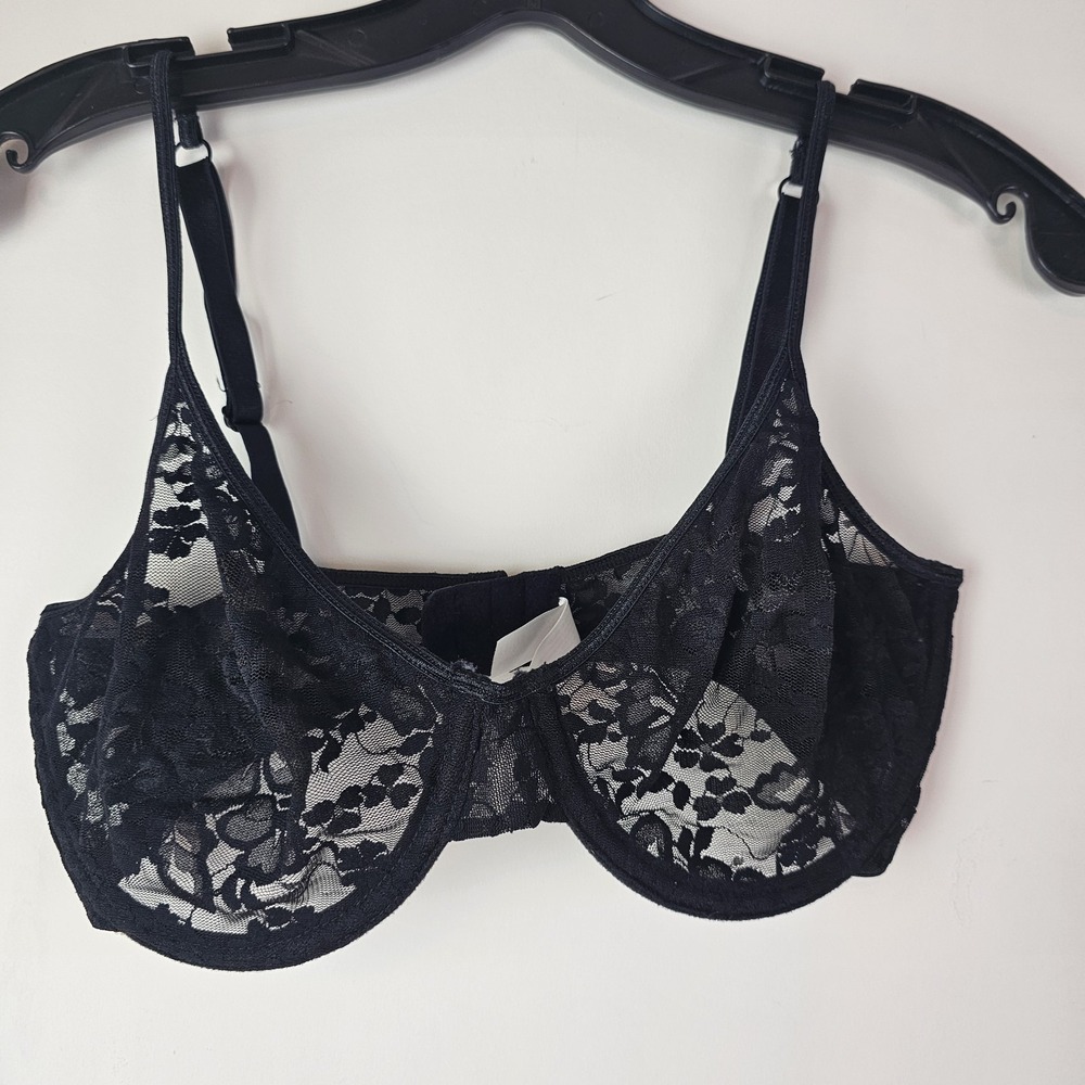 Gilligan & O'Malley 34DD Balconette Bra Black Lace Underwire Semi Sheer